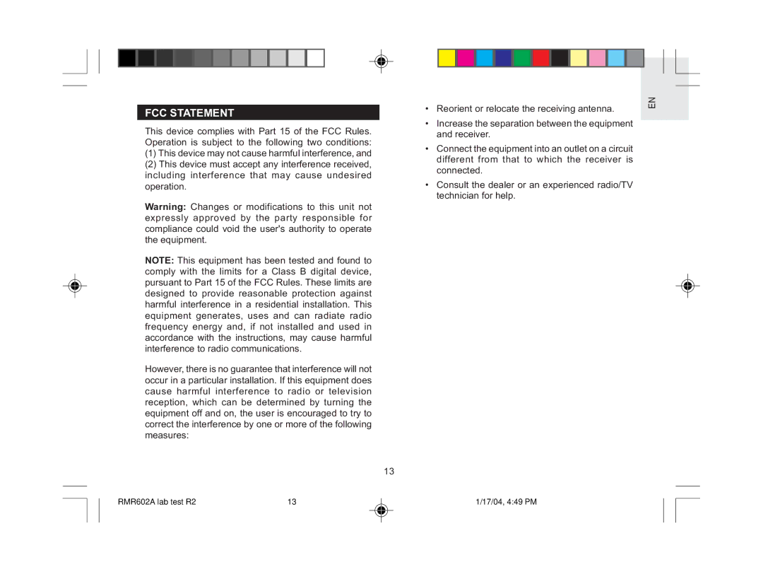 Oregon Scientific RMR602A user manual FCC Statement 