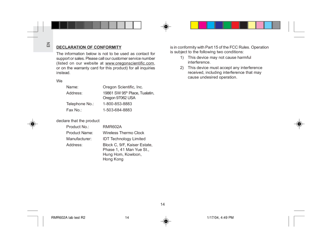 Oregon Scientific RMR602A user manual Declaration of Conformity 