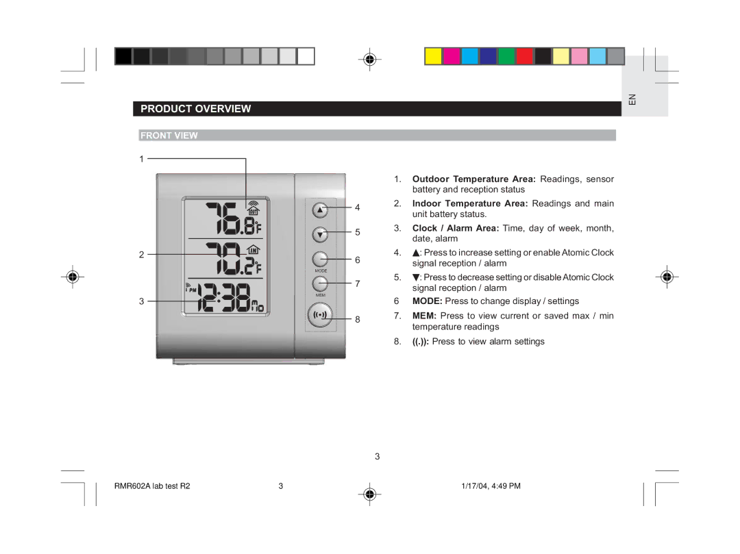 Oregon Scientific RMR602A user manual Product Overview, Front View 