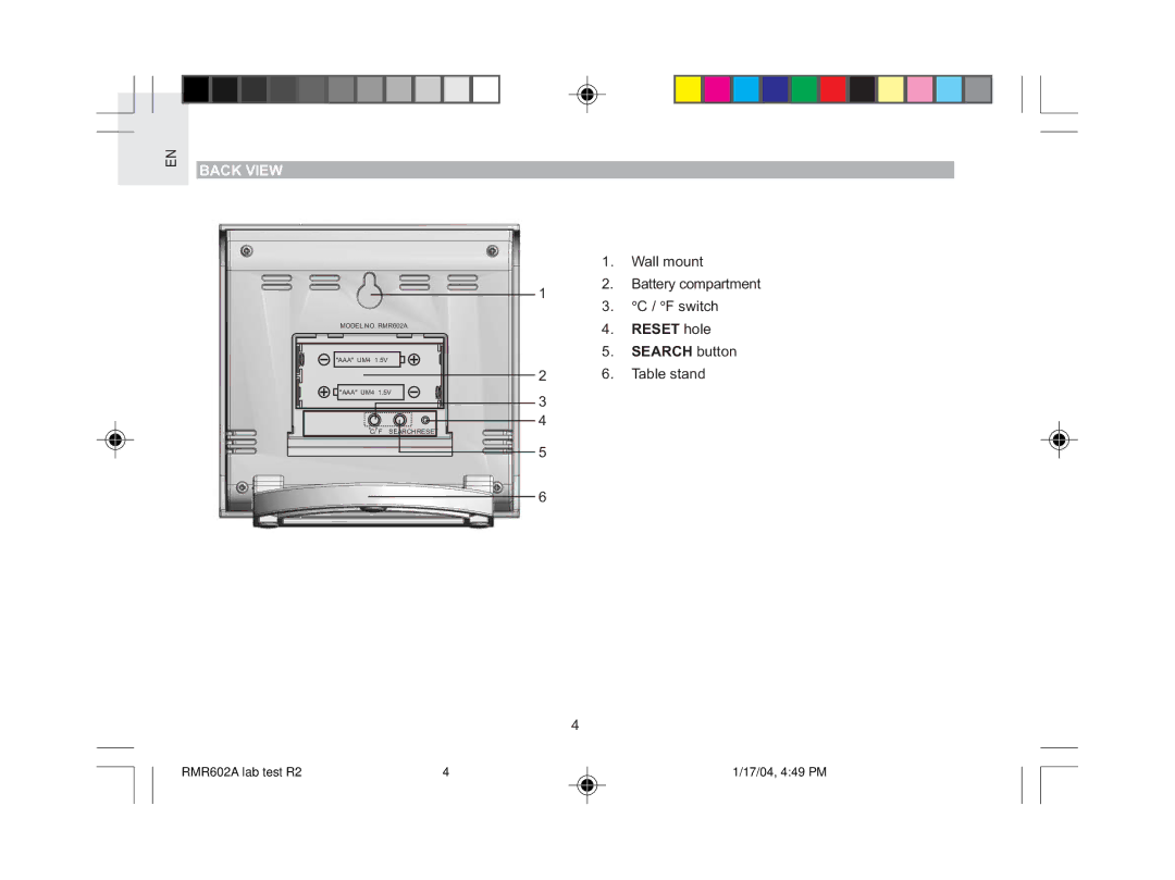 Oregon Scientific RMR602A user manual Back View 