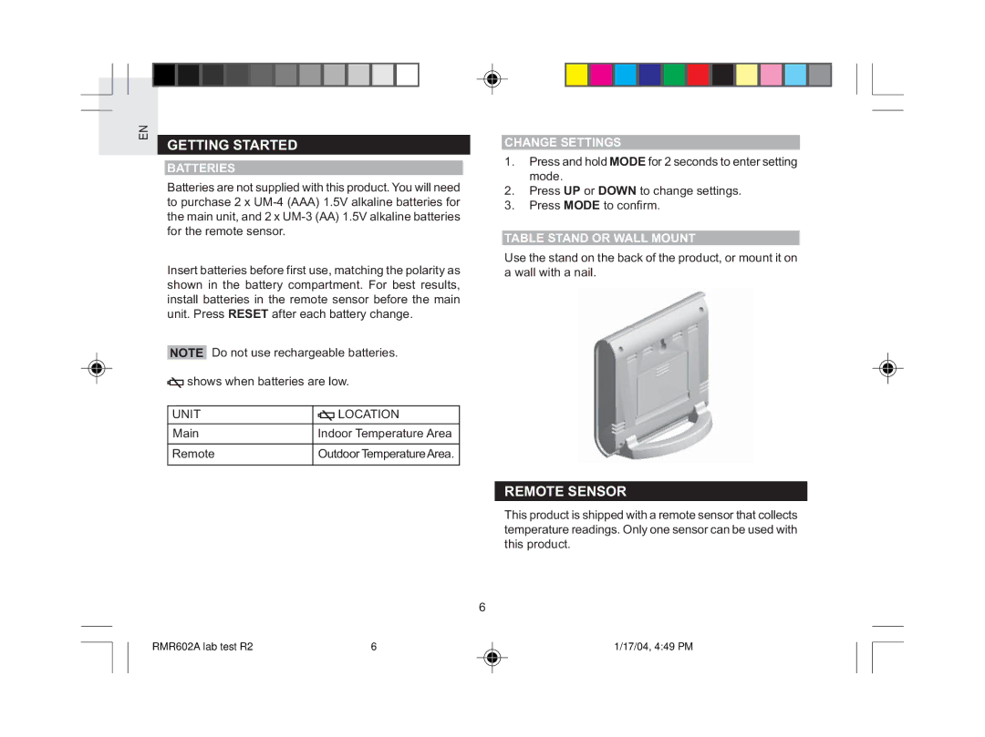 Oregon Scientific RMR602A user manual Getting Started, Remote Sensor, Batteries, Change Settings, Table Stand or Wall Mount 