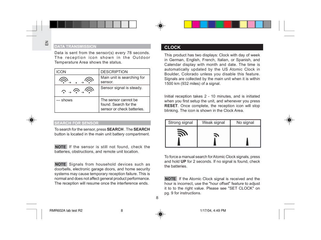 Oregon Scientific RMR602A user manual Clock, Data Transmission, Search for Sensor 