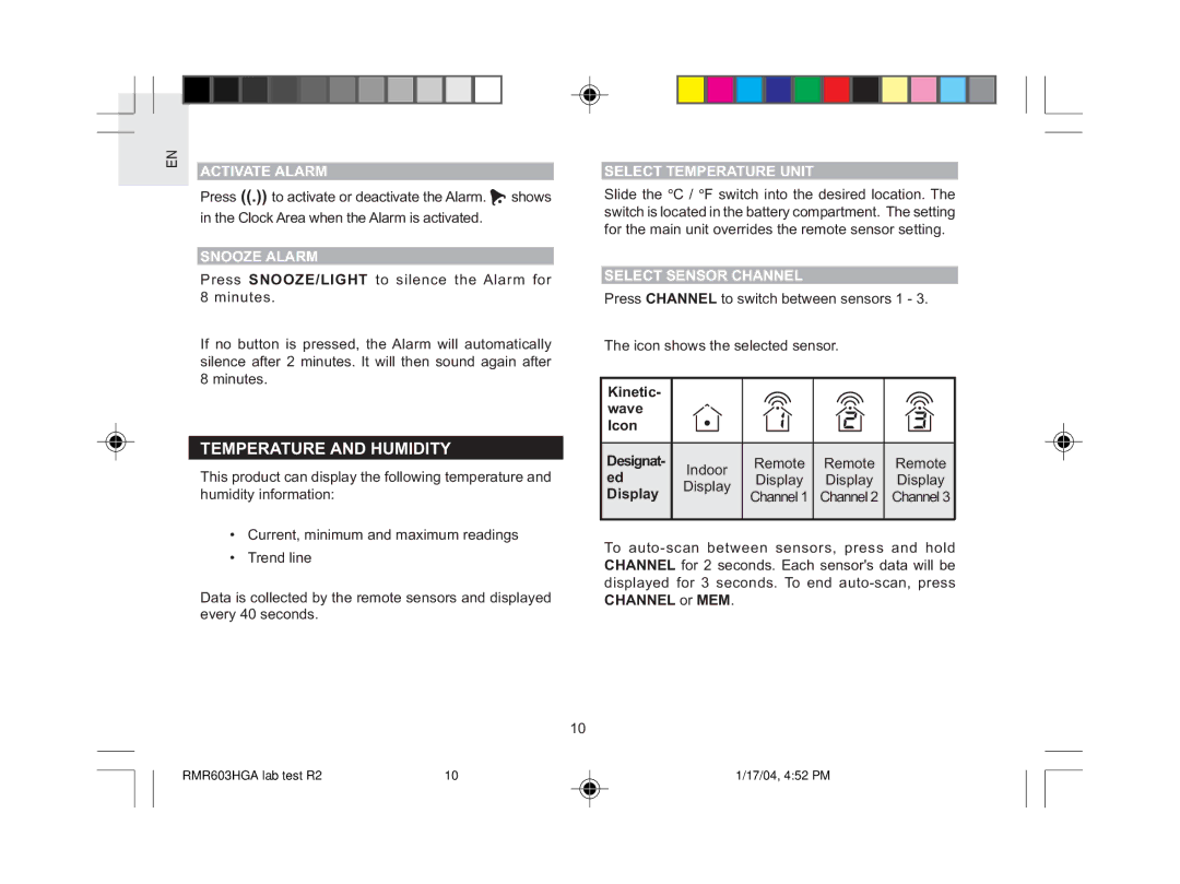Oregon Scientific RMR603HGA user manual Temperature and Humidity, Activate Alarm, Snooze Alarm, Select Temperature Unit 