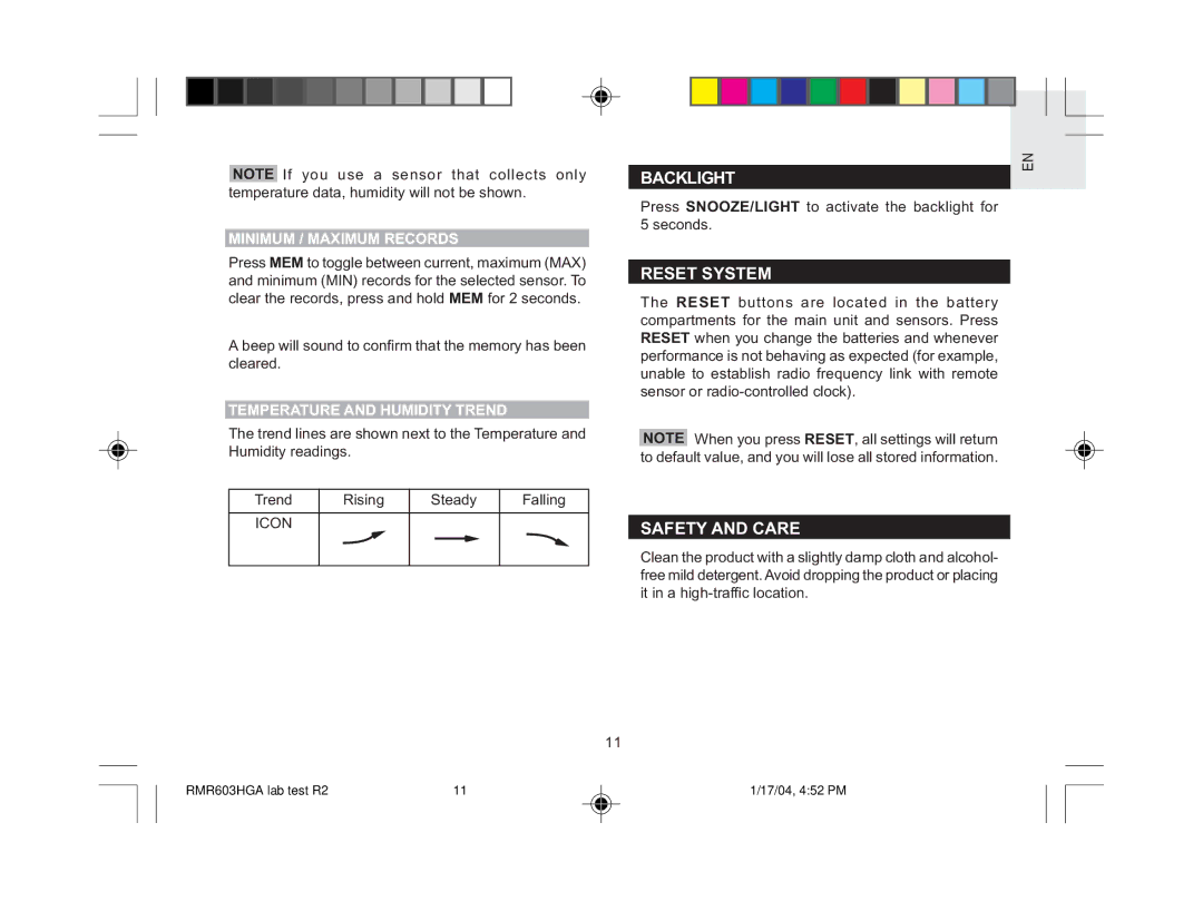 Oregon Scientific RMR603HGA user manual Backlight, Reset System, Safety and Care, Minimum / Maximum Records 