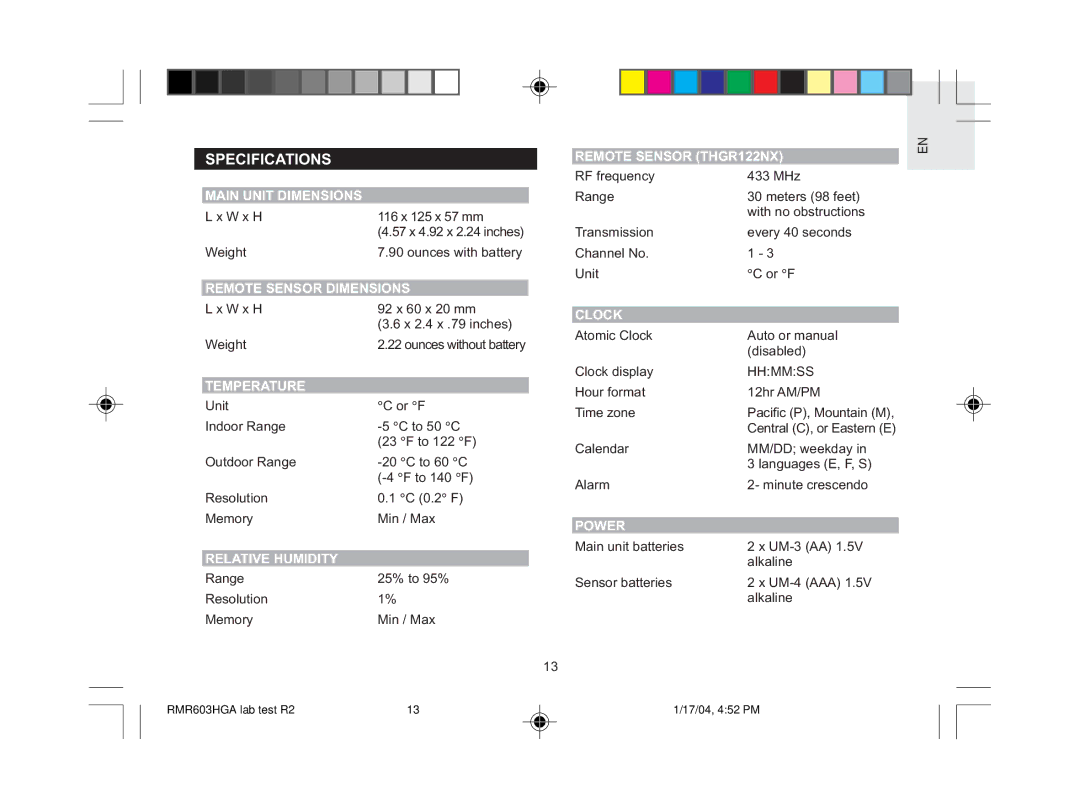 Oregon Scientific RMR603HGA user manual Specifications 