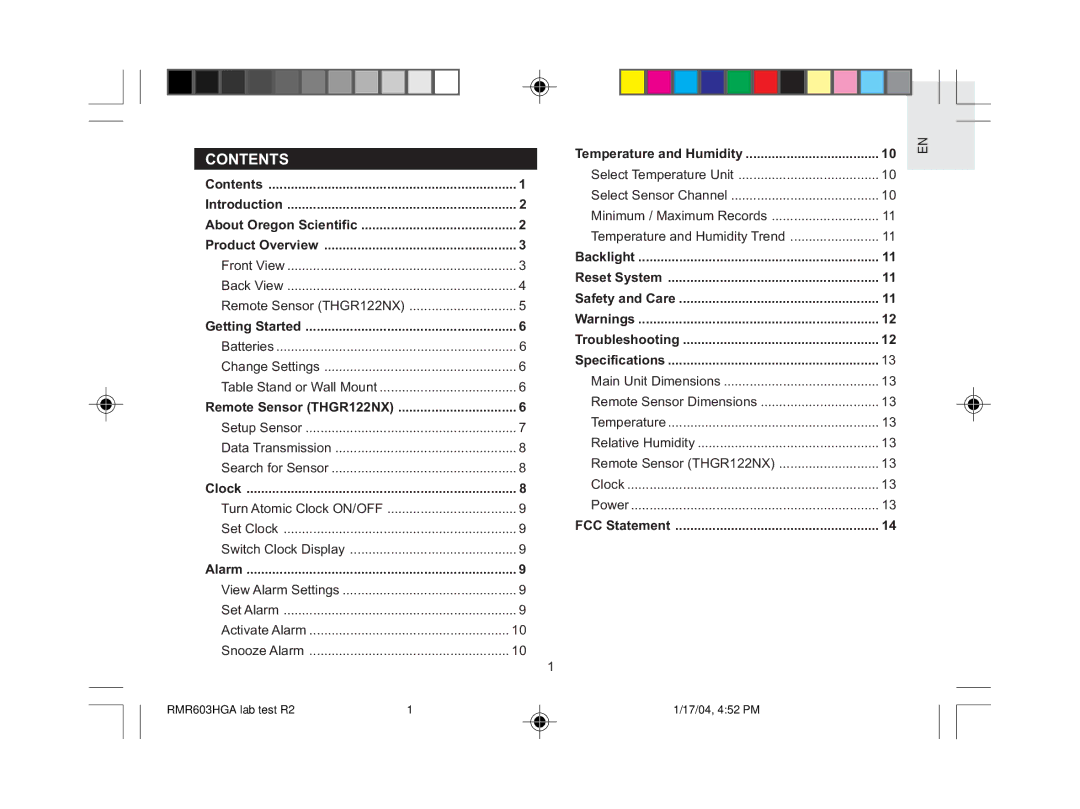 Oregon Scientific RMR603HGA user manual Contents 