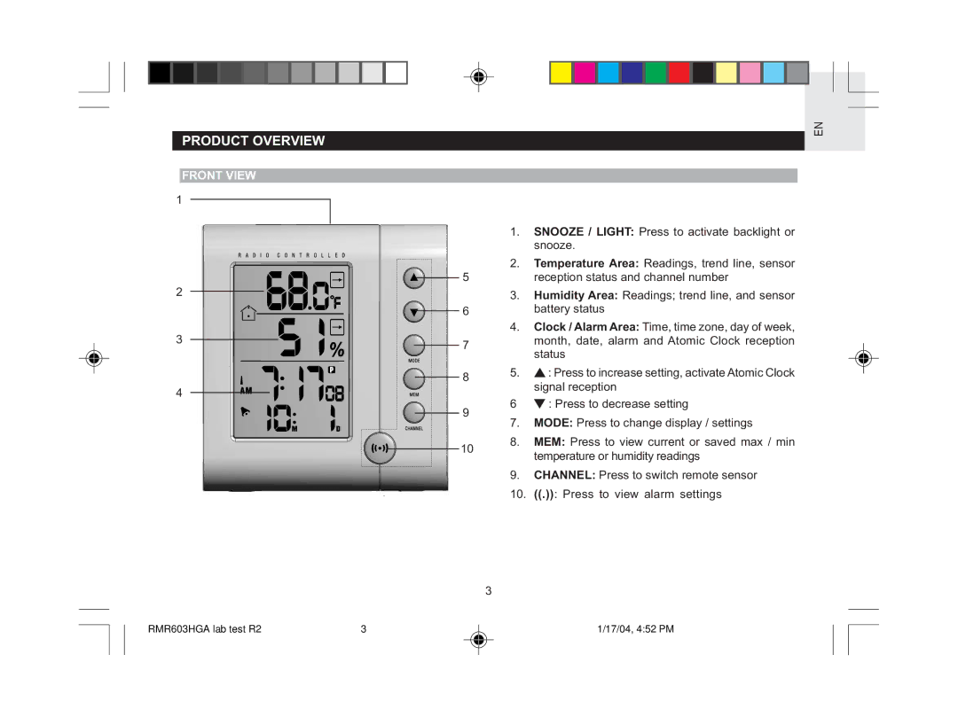 Oregon Scientific RMR603HGA user manual Product Overview, Front View 