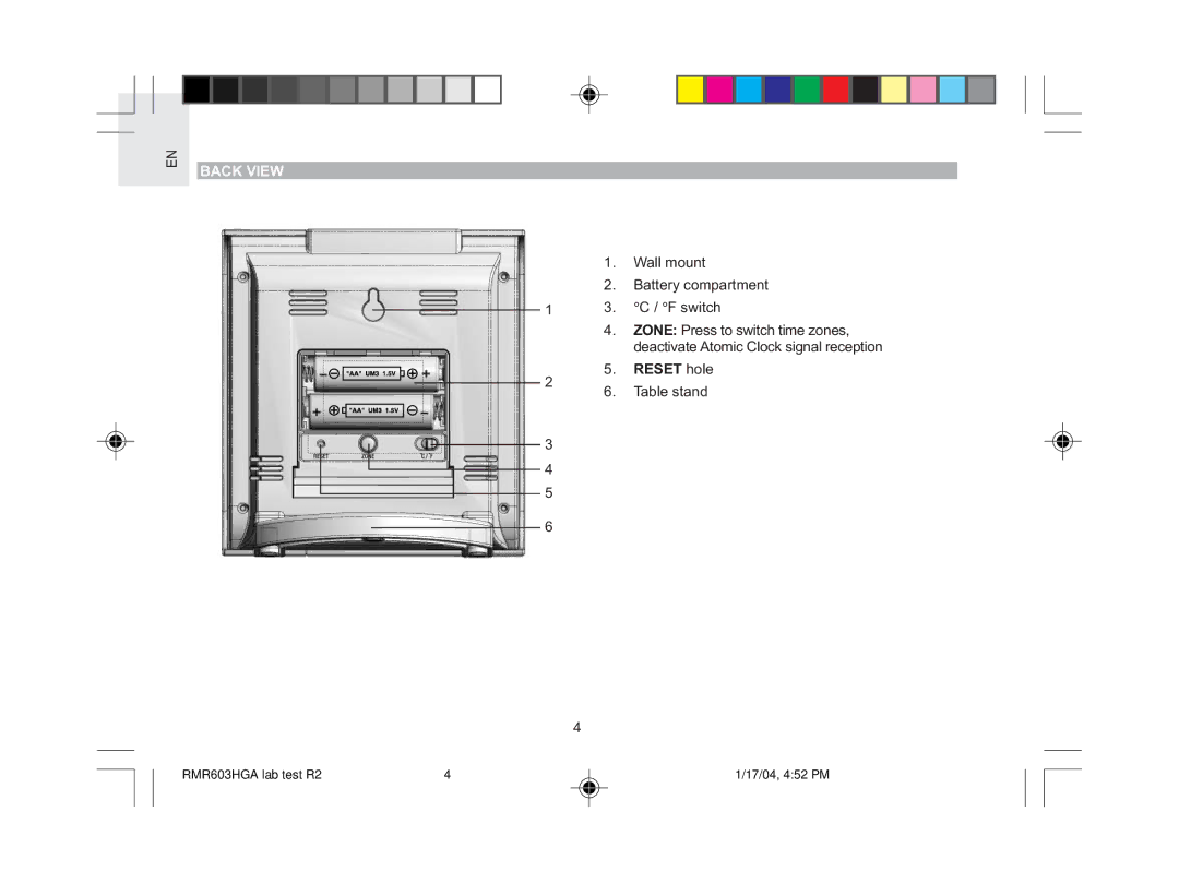 Oregon Scientific RMR603HGA user manual Back View 