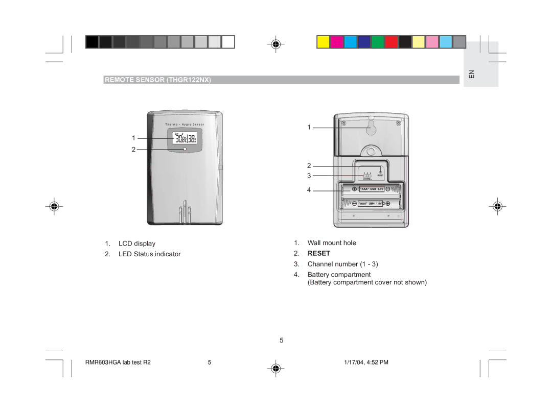 Oregon Scientific RMR603HGA user manual Remote Sensor THGR122NX, Reset 