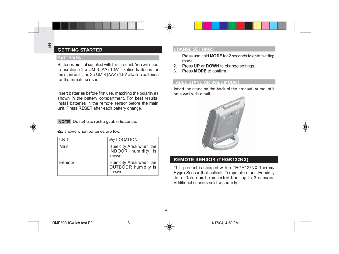 Oregon Scientific RMR603HGA user manual Getting Started, Remote Sensor THGR122NX, Batteries, Change Settings 