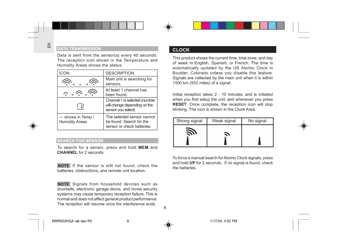 Oregon Scientific RMR603HGA user manual Clock, Data Transmission, Icon Description, Search for Sensor 