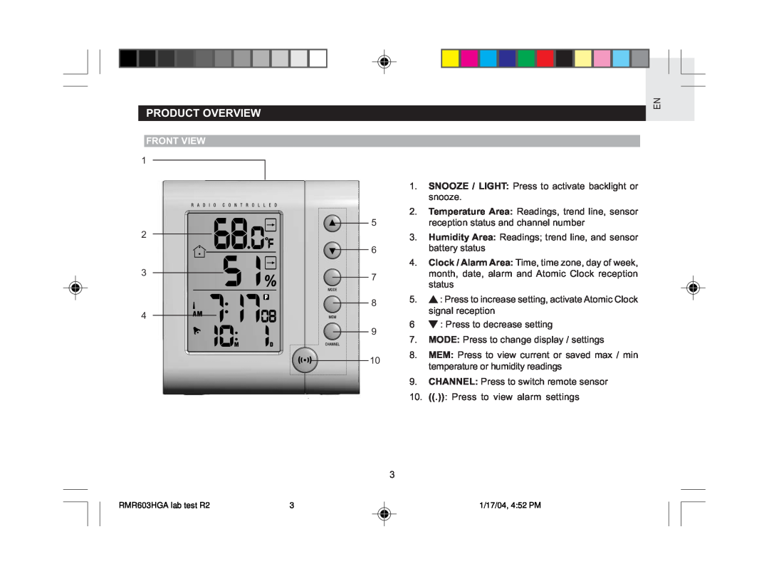 Oregon Scientific RMR603HGA user manual Product Overview, Front View 