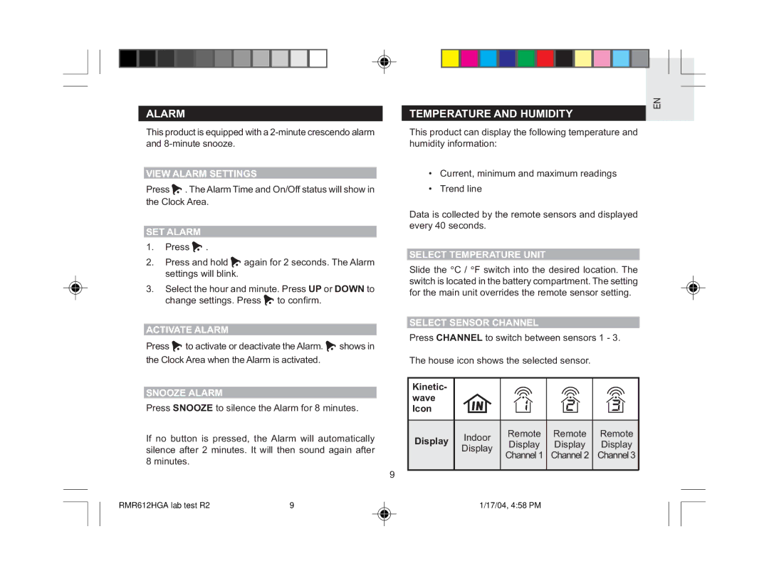 Oregon Scientific RMR612HGA user manual Alarm, Temperature and Humidity 