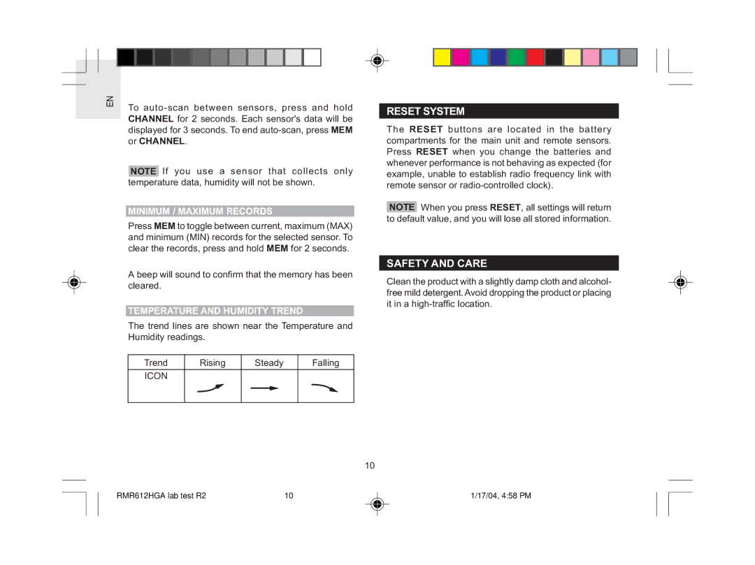 Oregon Scientific RMR612HGA Reset System, Safety and Care, Minimum / Maximum Records, Temperature and Humidity Trend, Icon 