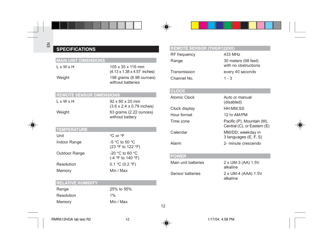 Oregon Scientific RMR612HGA user manual Specifications 