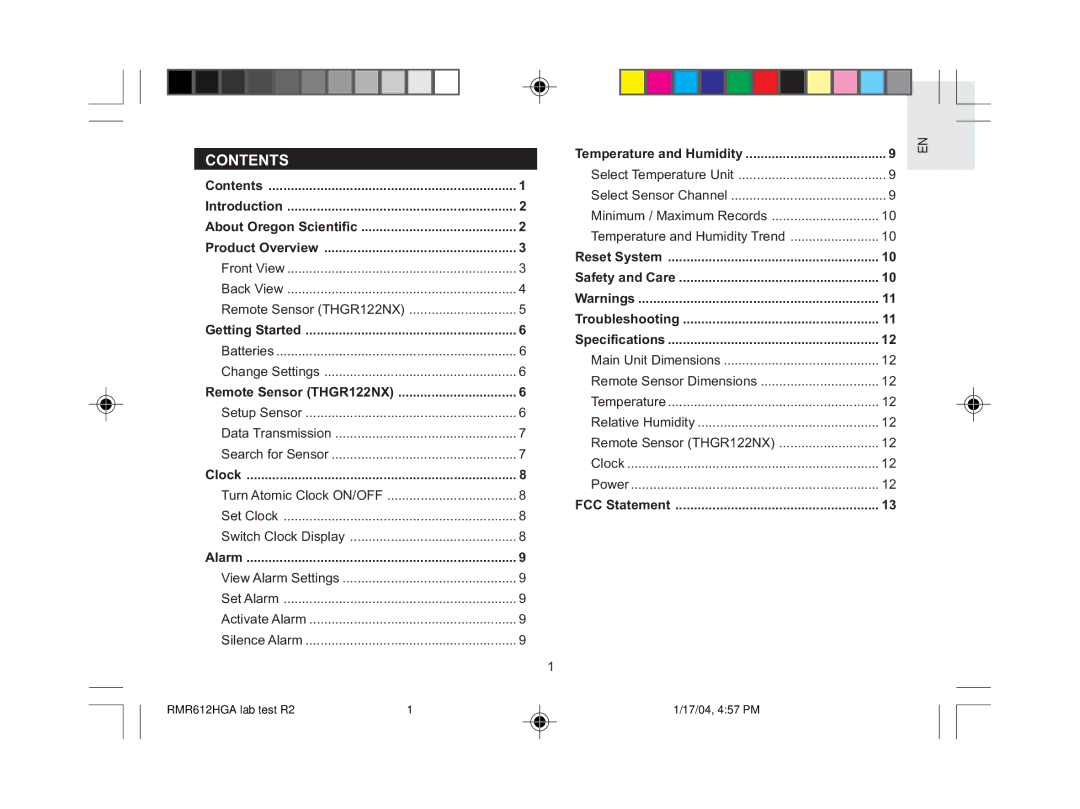 Oregon Scientific RMR612HGA user manual Contents 