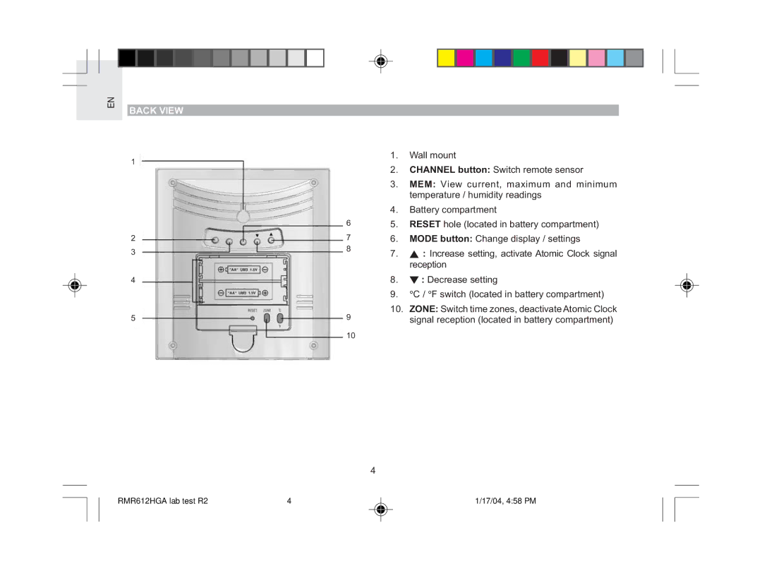 Oregon Scientific RMR612HGA user manual Back View 