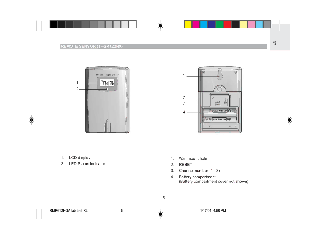 Oregon Scientific RMR612HGA user manual Remote Sensor THGR122NX, Reset 