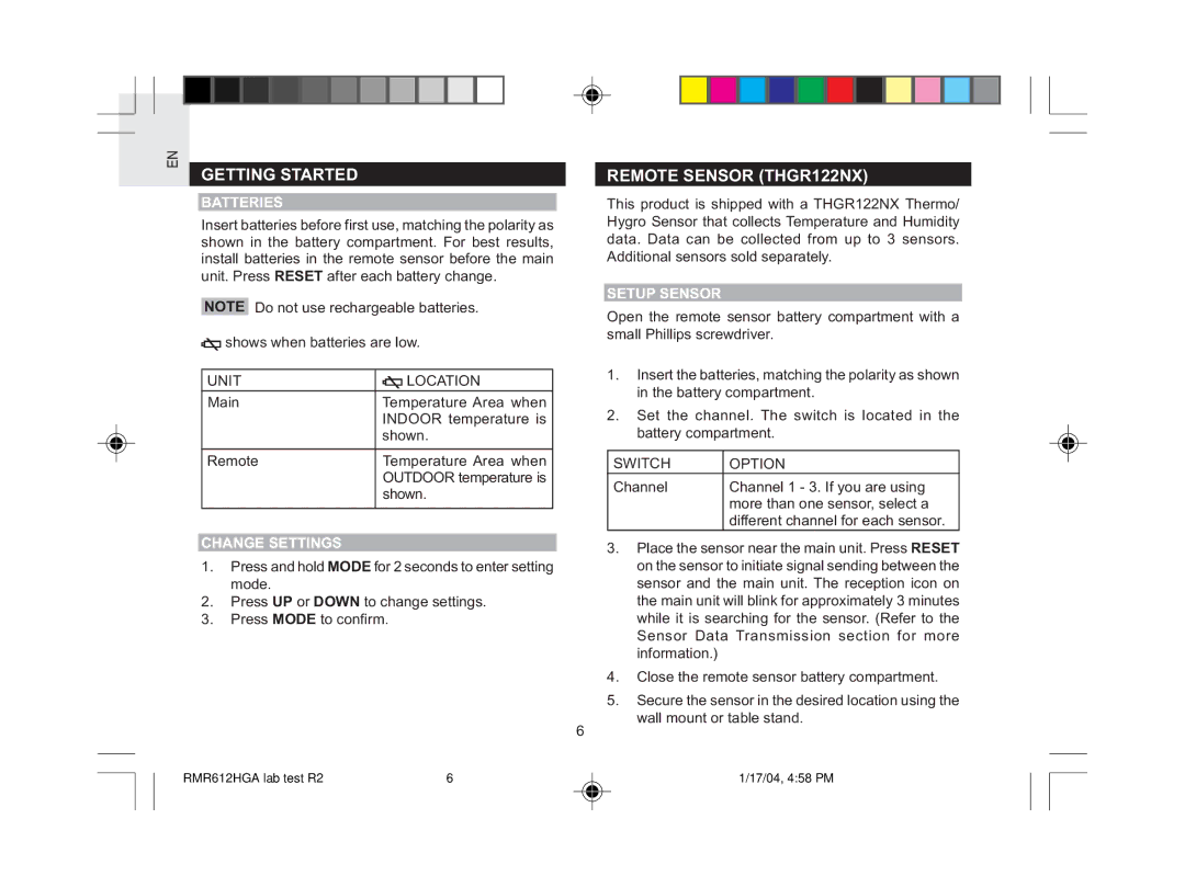 Oregon Scientific RMR612HGA user manual Getting Started, Remote Sensor THGR122NX, Batteries, Change Settings, Setup Sensor 