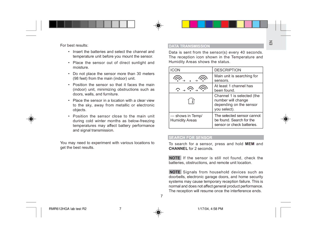 Oregon Scientific RMR612HGA user manual Data Transmission, Icon Description, Search for Sensor 