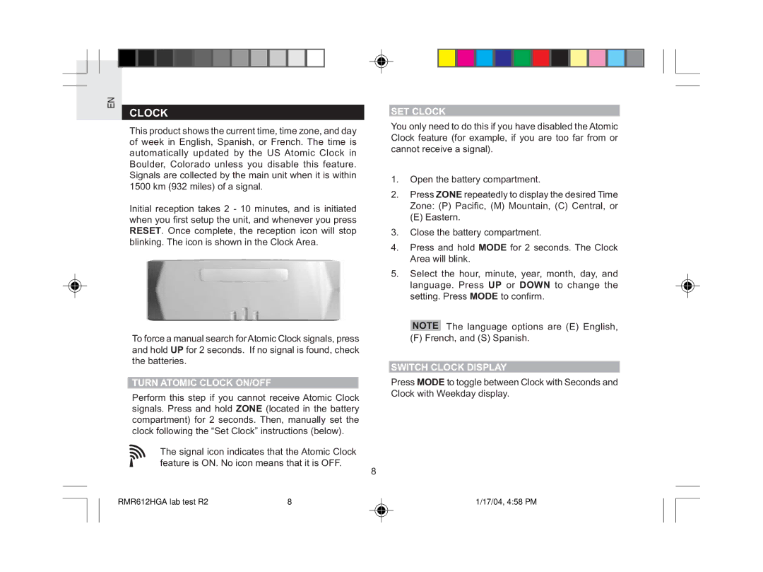 Oregon Scientific RMR612HGA user manual Turn Atomic Clock ON/OFF, SET Clock, Switch Clock Display 