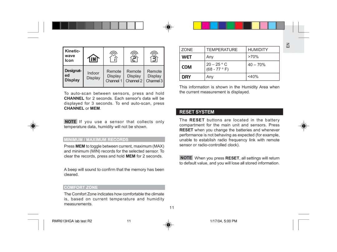 Oregon Scientific RMR613HGA user manual Reset System, Minimum / Maximum Records, Comfort Zone, Zone Temperature Humidity 