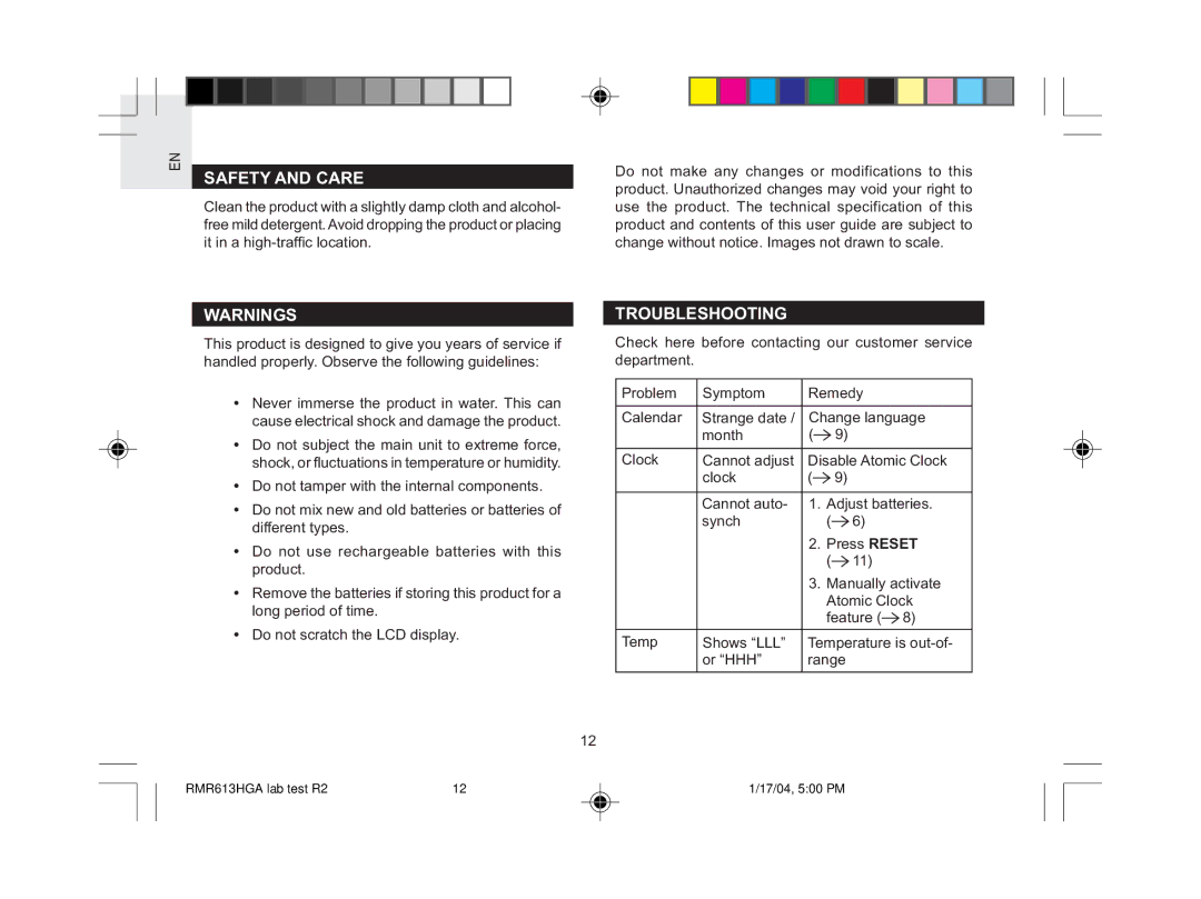 Oregon Scientific RMR613HGA user manual Safety and Care, Troubleshooting 