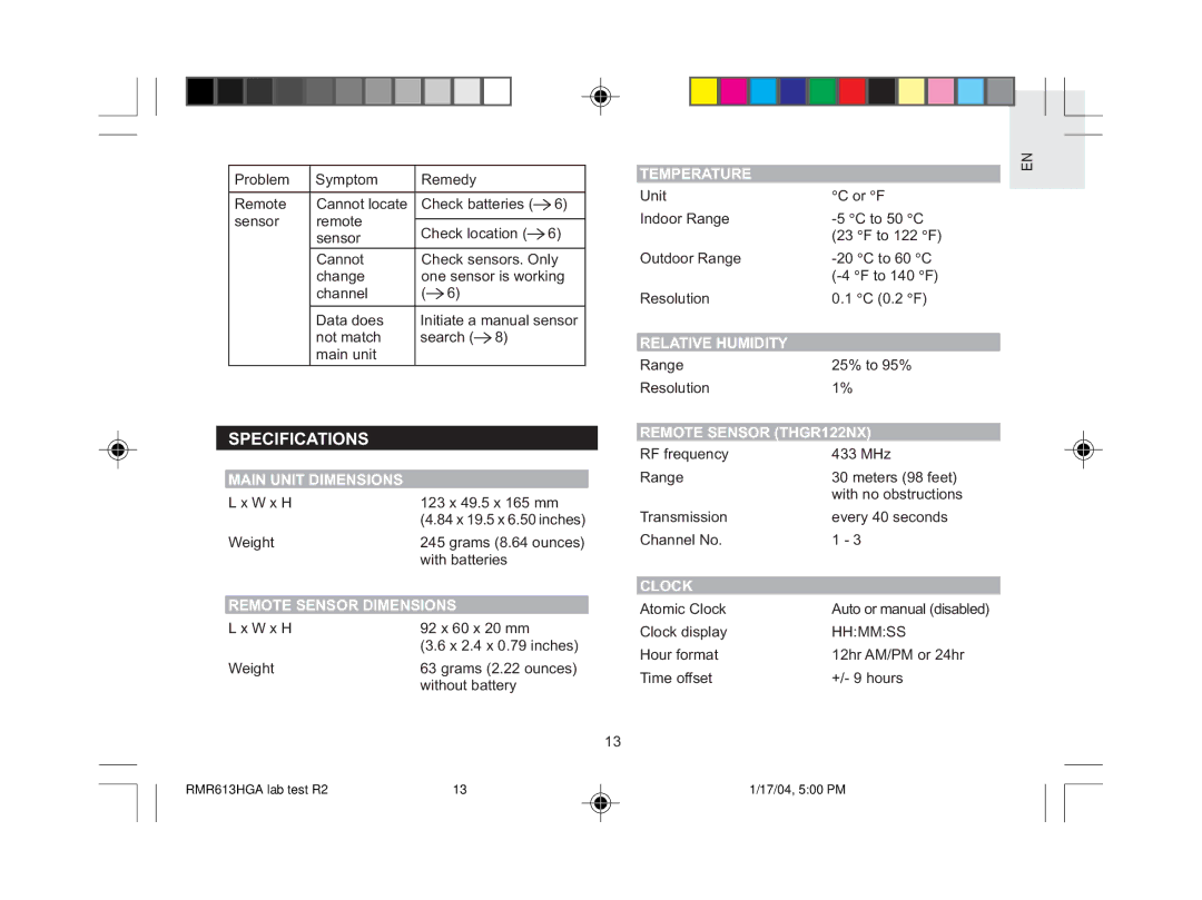 Oregon Scientific RMR613HGA user manual Specifications 