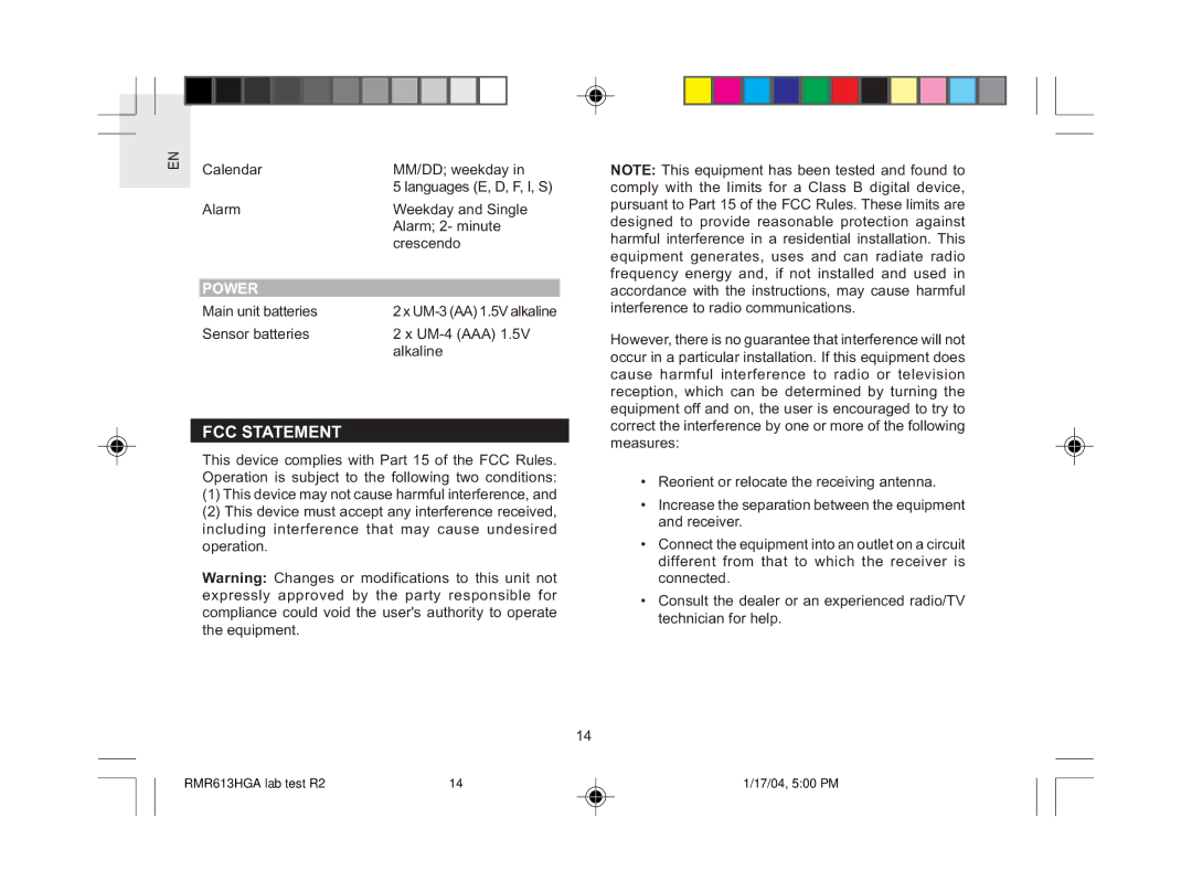 Oregon Scientific RMR613HGA user manual FCC Statement, Power 