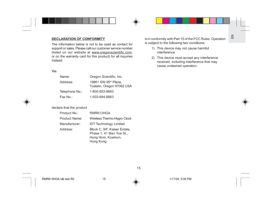 Oregon Scientific RMR613HGA user manual Declaration of Conformity 