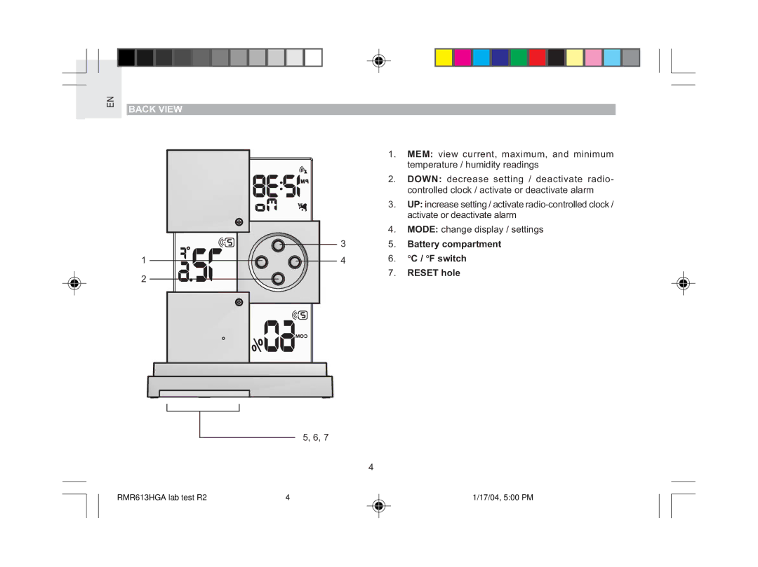 Oregon Scientific RMR613HGA user manual Back View 