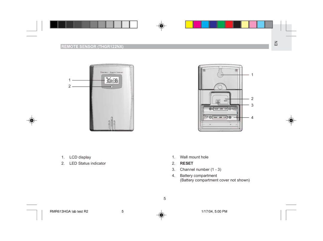 Oregon Scientific RMR613HGA user manual Remote Sensor THGR122NX, Reset 