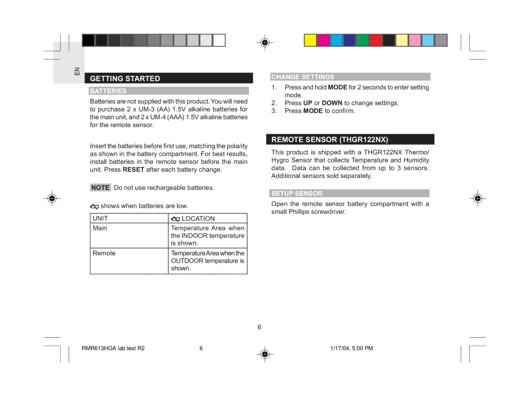 Oregon Scientific RMR613HGA user manual Getting Started, Remote Sensor THGR122NX, Batteries, Change Settings, Setup Sensor 