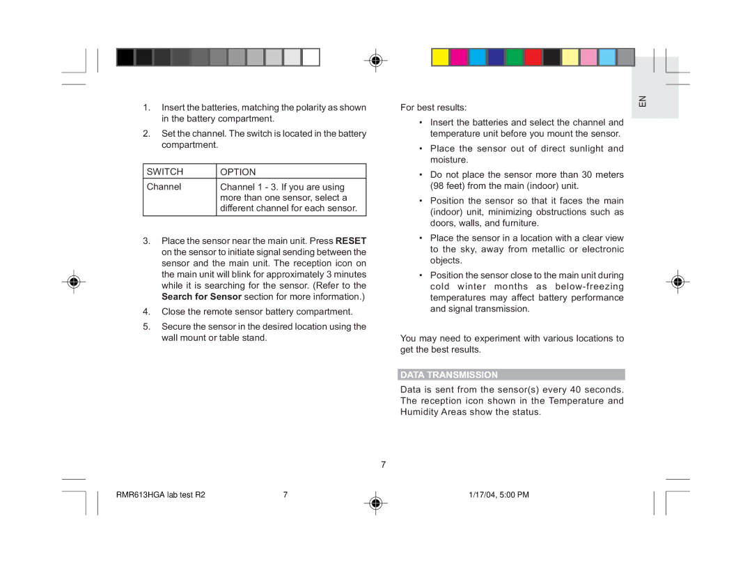 Oregon Scientific RMR613HGA user manual Switch Option, Data Transmission 