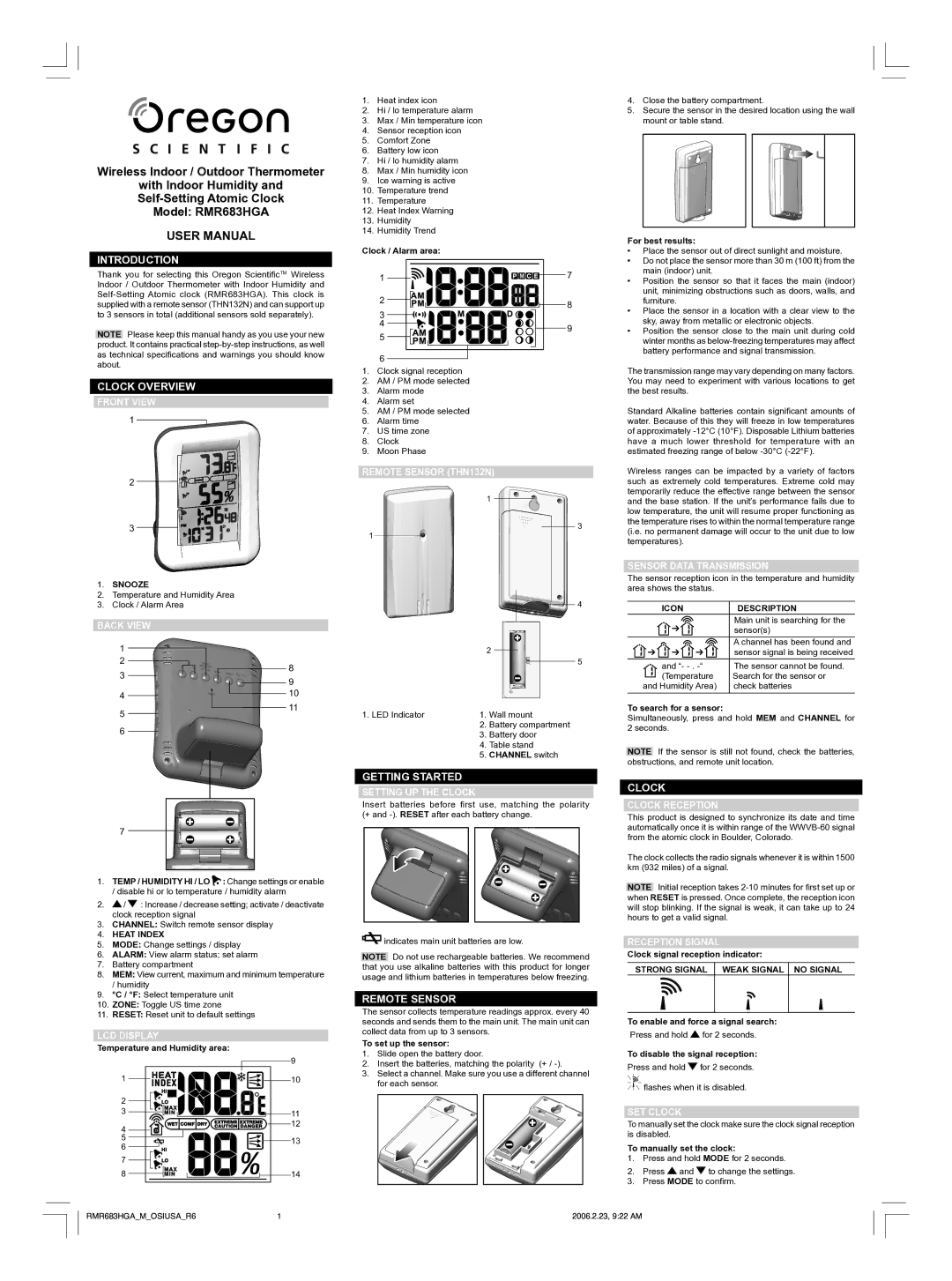 Oregon Scientific RMR683HGA user manual Introduction, Clock Overview, Getting Started, Remote Sensor 