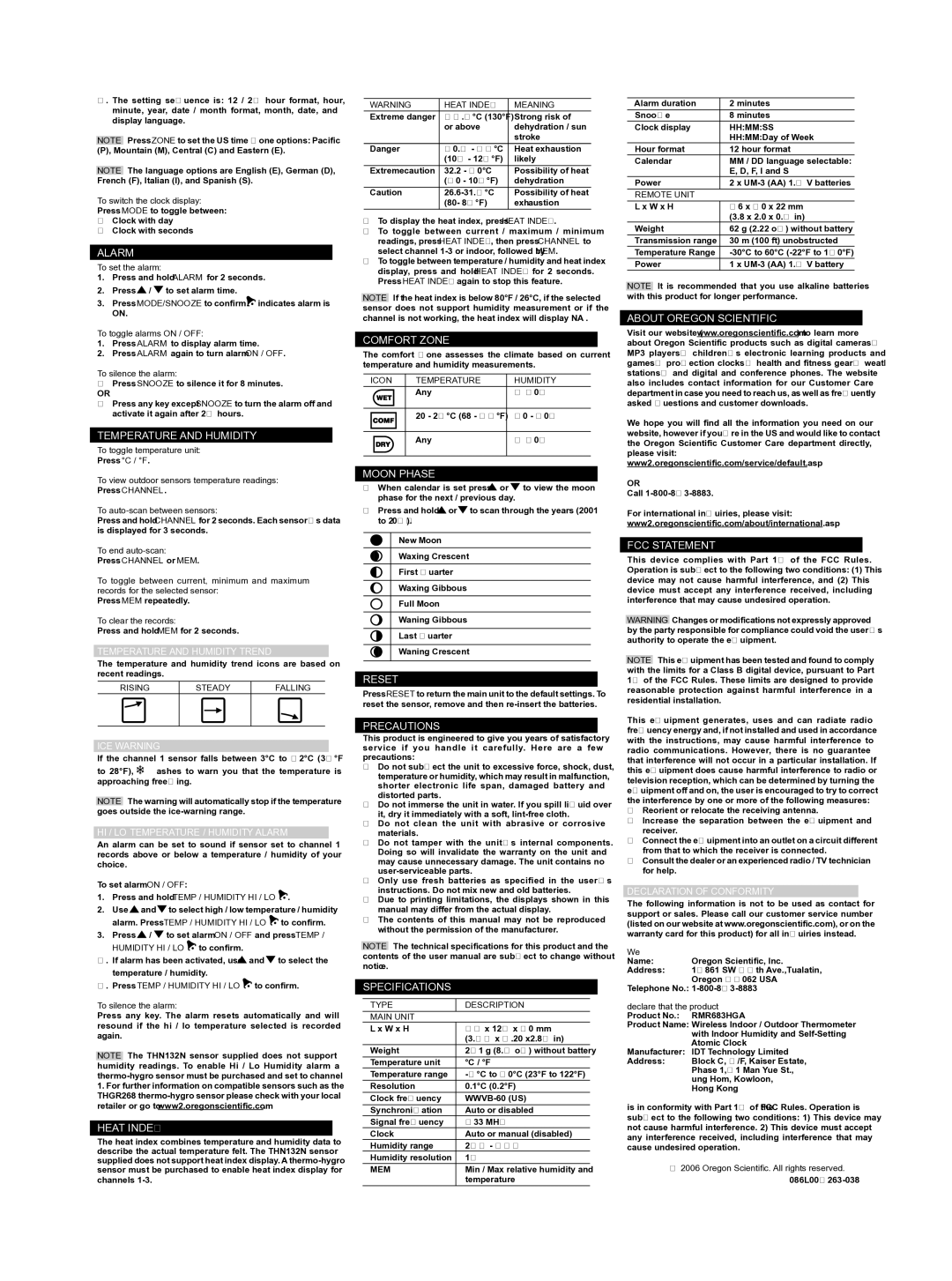 Oregon Scientific RMR683HGA Alarm, Temperature and Humidity, Heat Index, Comfort Zone, Moon Phase, Reset, Precautions 
