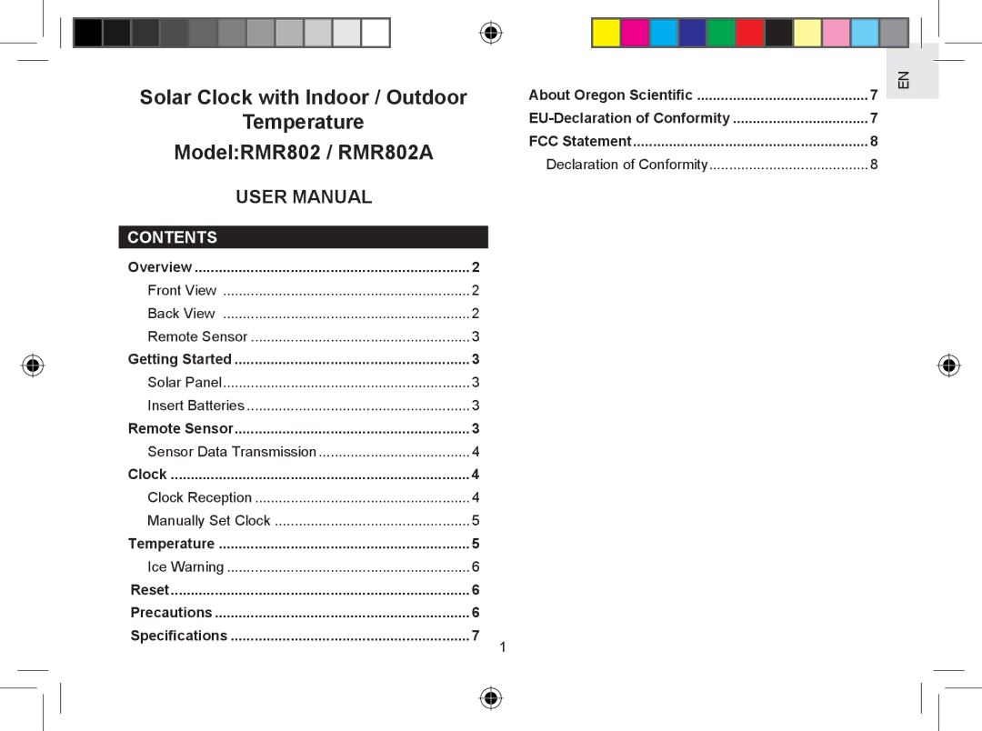 Oregon Scientific RMR802A user manual Contents 