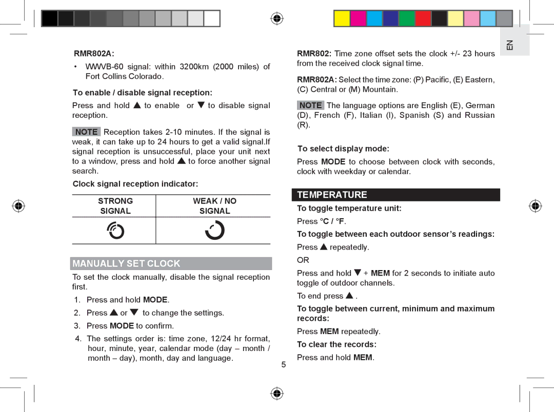 Oregon Scientific RMR802A user manual Temperature, Manually SET Clock 