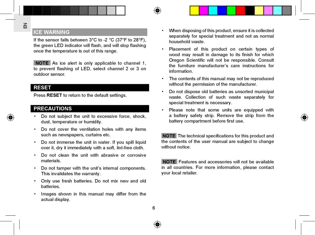 Oregon Scientific RMR802A user manual ICE Warning, Reset, Precautions 