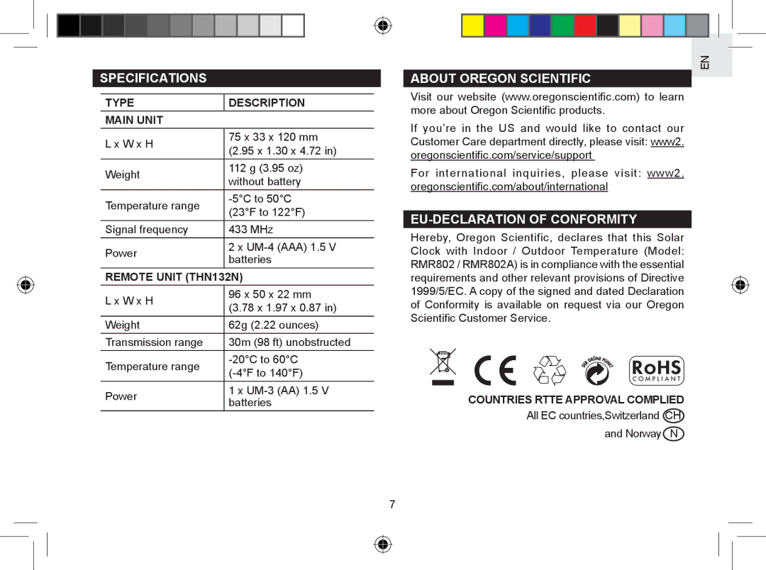 Oregon Scientific RMR802A user manual Specifications, About Oregon Scientific EU-DECLARATION of Conformity 