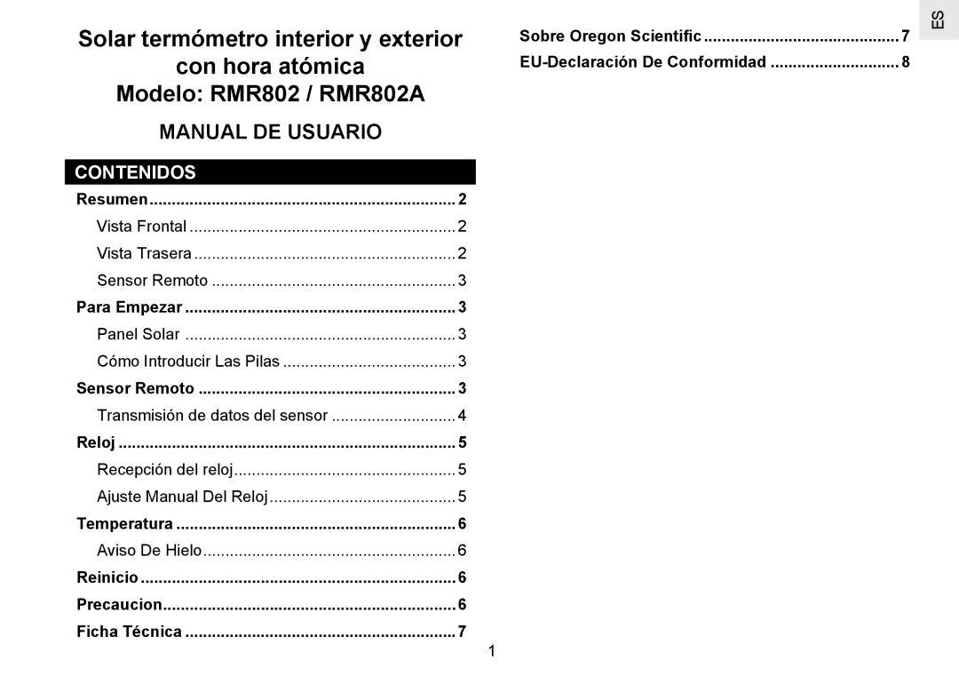 Oregon Scientific RMR802 user manual Manual DE Usuario, Contenidos 