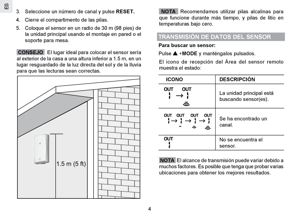 Oregon Scientific RMR802 user manual Transmisión DE Datos DEL Sensor, Para buscar un sensor, Icono Descripción 