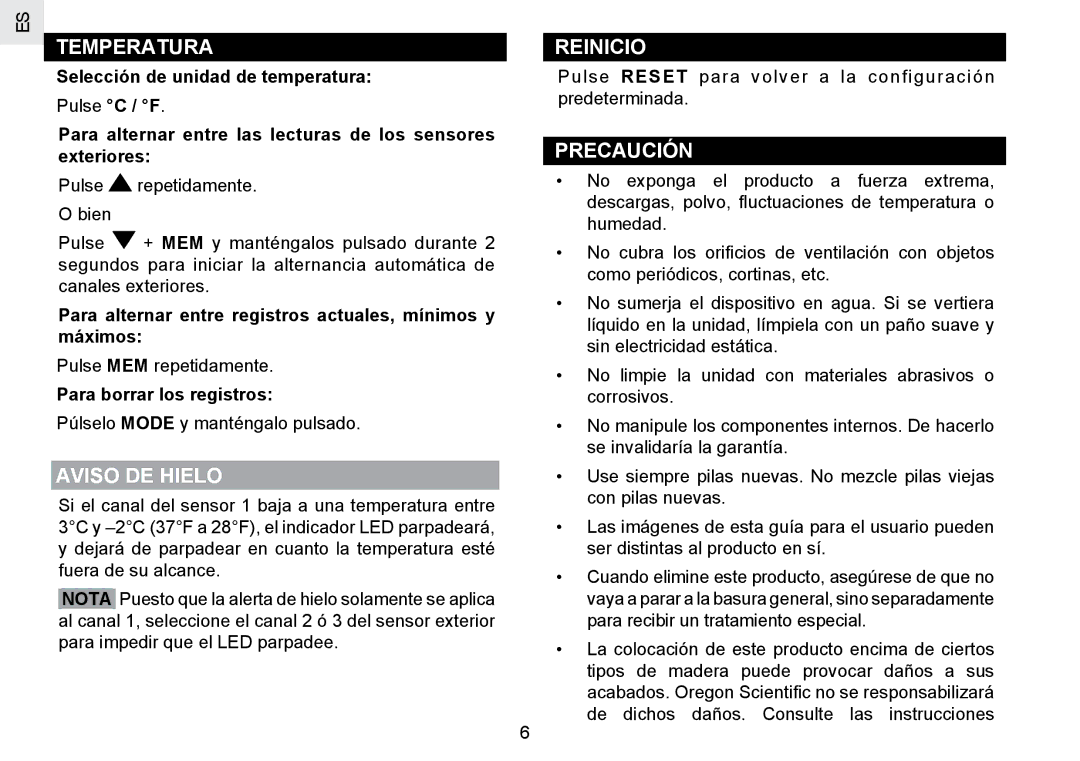 Oregon Scientific RMR802 user manual Temperatura, Aviso DE Hielo, Reinicio, Precaución 