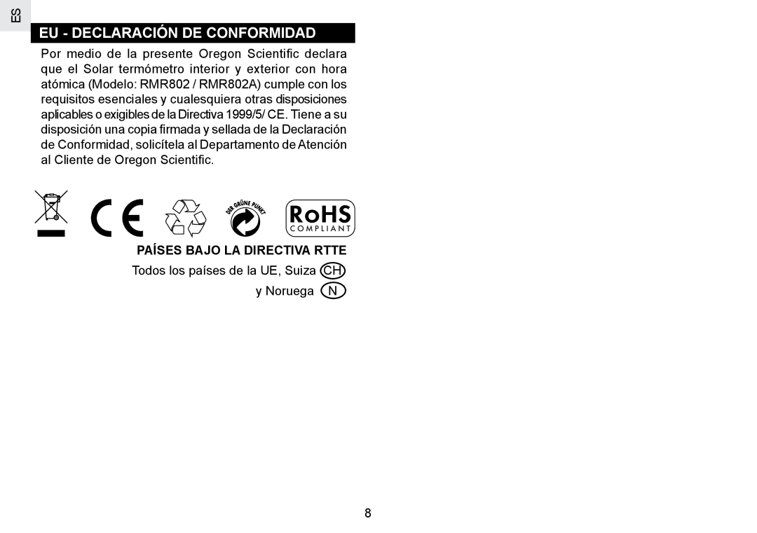 Oregon Scientific RMR802 user manual EU Declaración DE Conformidad, Países Bajo LA Directiva Rtte 