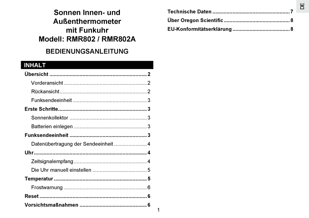 Oregon Scientific RMR802 user manual Bedienungsanleitung, Inhalt 