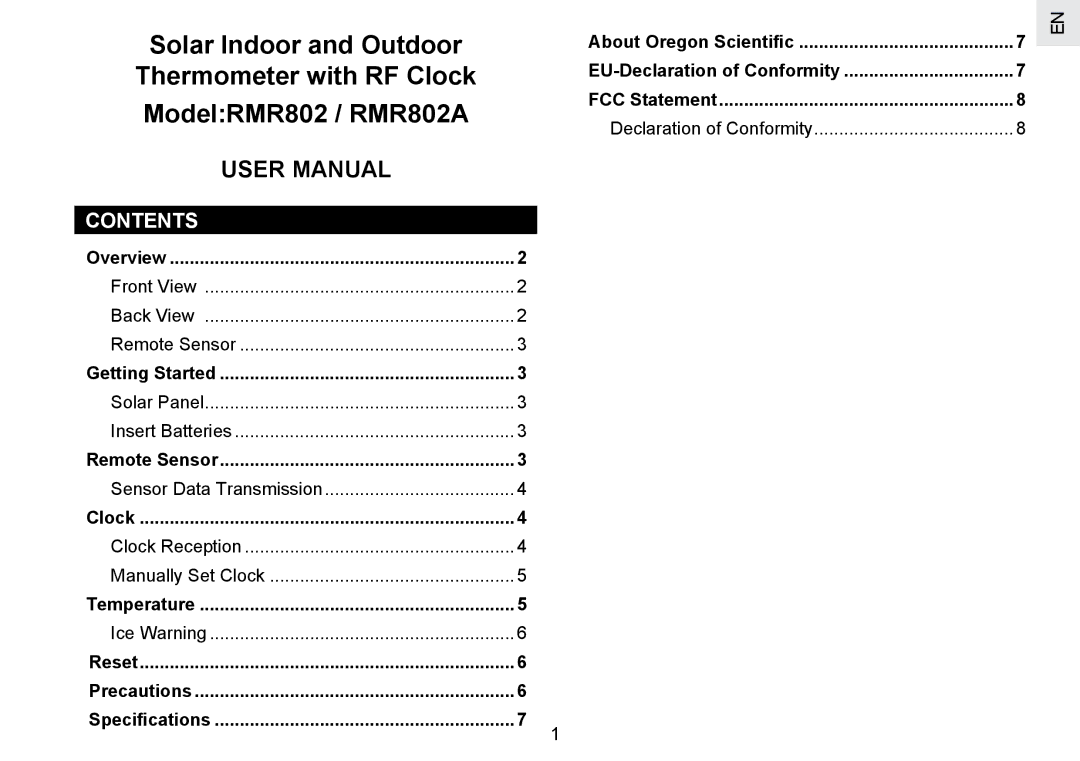 Oregon Scientific RMR802 user manual Contents 