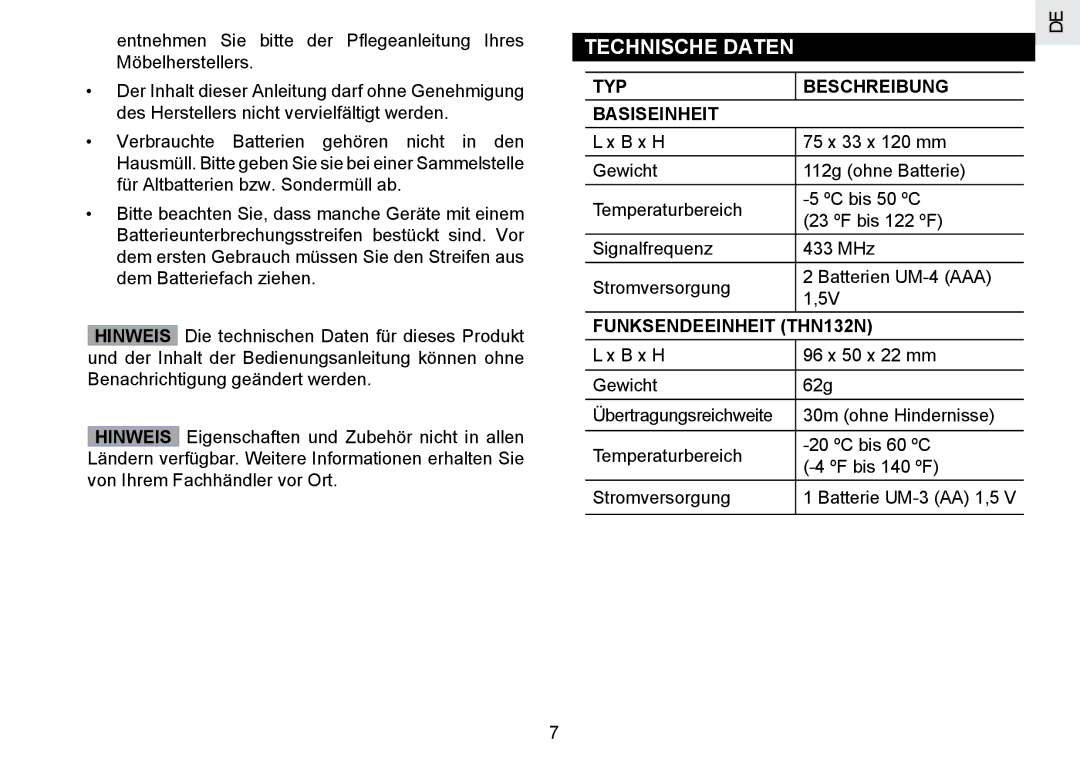 Oregon Scientific RMR802 user manual Technische Daten, TYP Beschreibung Basiseinheit, Funksendeeinheit THN132N 