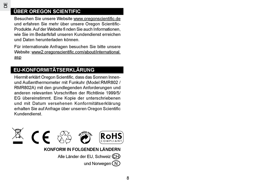 Oregon Scientific RMR802 user manual Über Oregon Scientific EU-KONFORMITÄTSERKLÄRUNG, Konform in Folgenden Ländern 