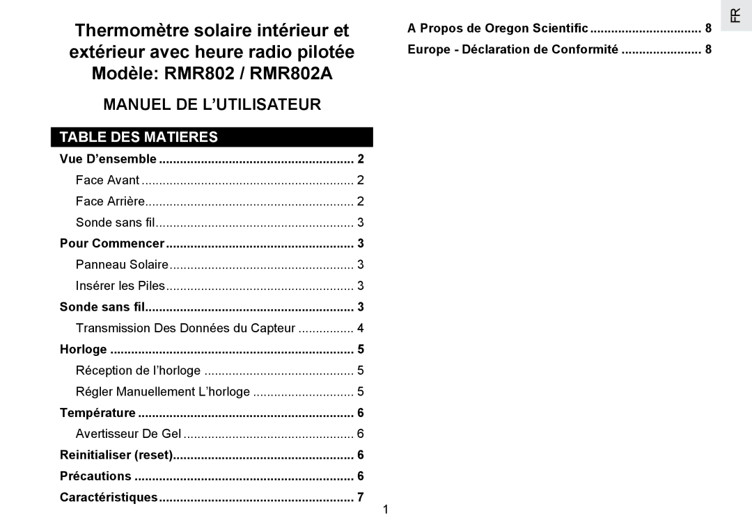 Oregon Scientific RMR802 user manual Manuel DE L’UTILISATEUR, Table DES Matieres 