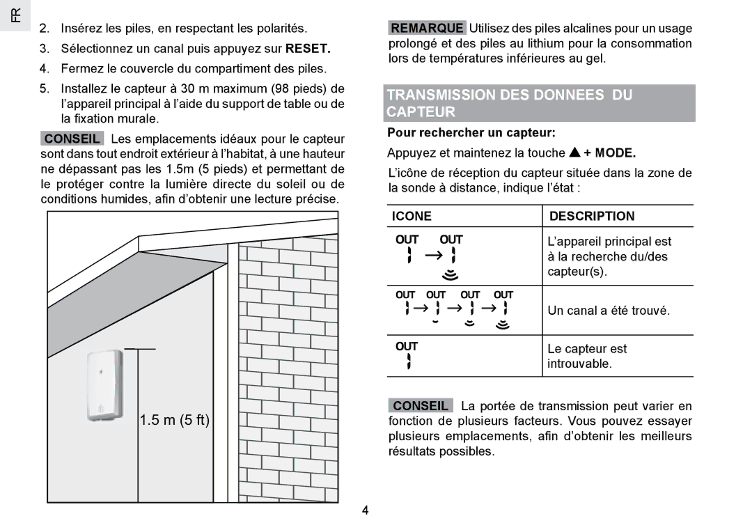 Oregon Scientific RMR802 user manual Transmission DES Donnees DU Capteur, Pour rechercher un capteur, Icone Description 